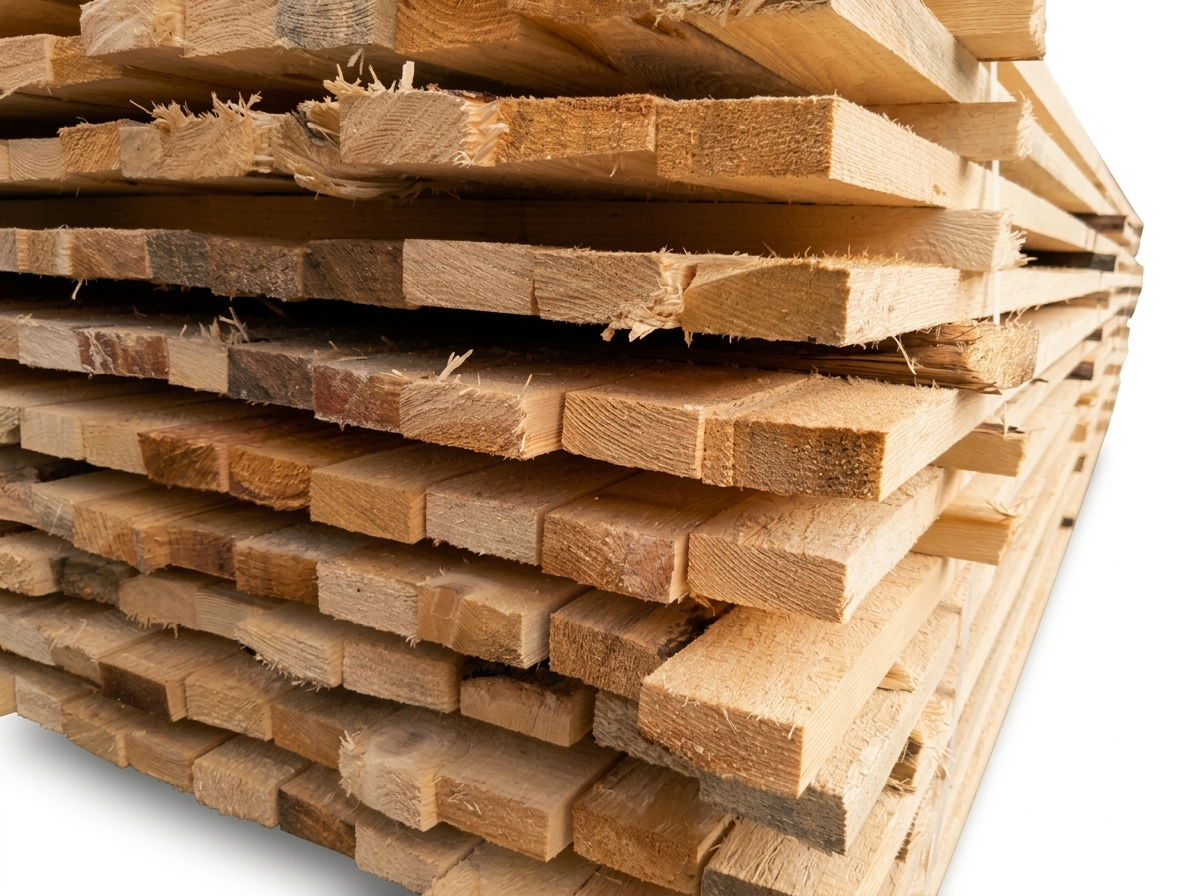 Pakiet surowych kontrłat drewnianych ułożonych w stos, spiętych taśmami