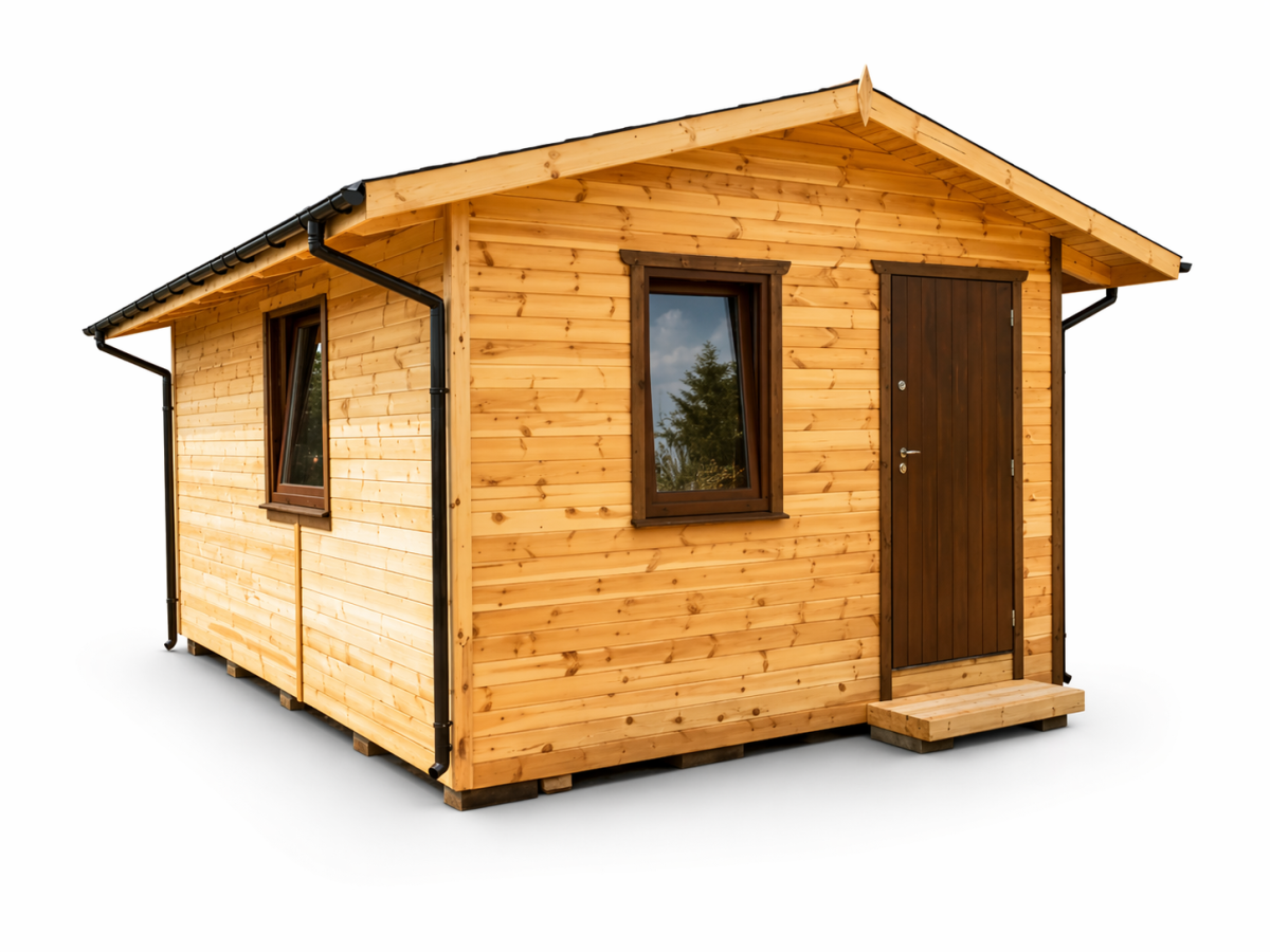 Drewniany domek ogrodowy z elewacją z szalówki na pióro-wpust i dachem dwuspadowym